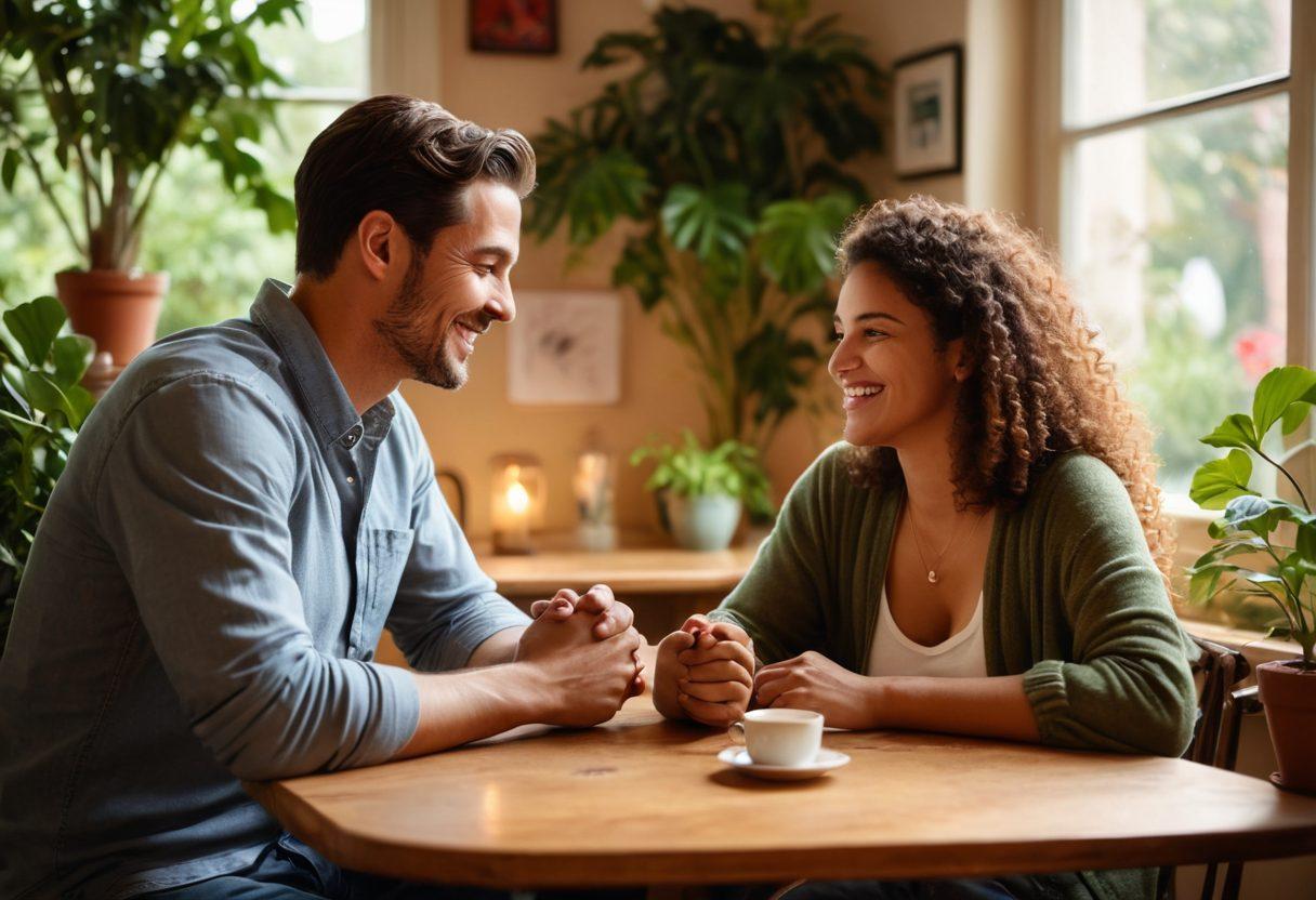 A warm and inviting scene of a diverse couple sitting at a cozy café table, engaged in deep conversation, surrounded by soft lighting and lush plants. The atmosphere is filled with laughter and openness, showcasing elements of connection like intertwined hands and expressive faces. Include symbols of love and communication, such as hearts and speech bubbles, subtly integrated into the background. painting. vibrant colors. intimate setting.
