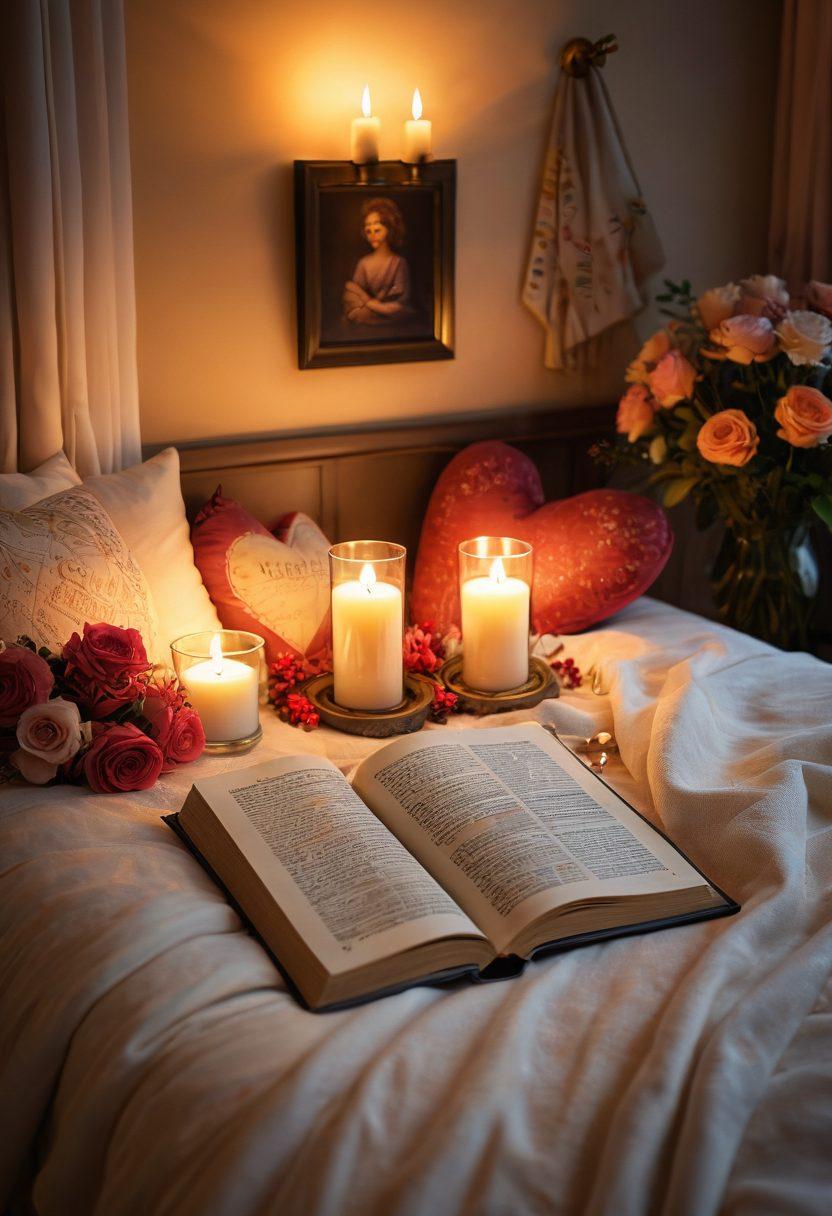 A cozy, intimate setting featuring a couple softly illuminated by candlelight, surrounded by symbols of love and connection like hearts and flowers. The atmosphere should evoke warmth and trust, with delicate textures representing comfort, such as soft fabrics and pillows. Include elements like an open book on intimacy and wellness to imply exploration and knowledge. The color palette should be rich and warm to enhance feelings of love and intimacy. super-realistic. warm colors. cozy atmosphere.