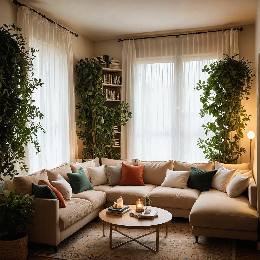 A serene and inviting coaching space featuring a cozy sofa with warm pillows, surrounded by plants and books on intimacy and sexual awareness. A soft light filters through sheer curtains, casting a peaceful glow, while two diverse individuals engage in a meaningful conversation. Heart-shaped decor elements subtly signify love and connection. The ambiance is soothing and welcoming, perfect for fostering healthy intimacy. vibrant colors. soft focus. warm lighting.